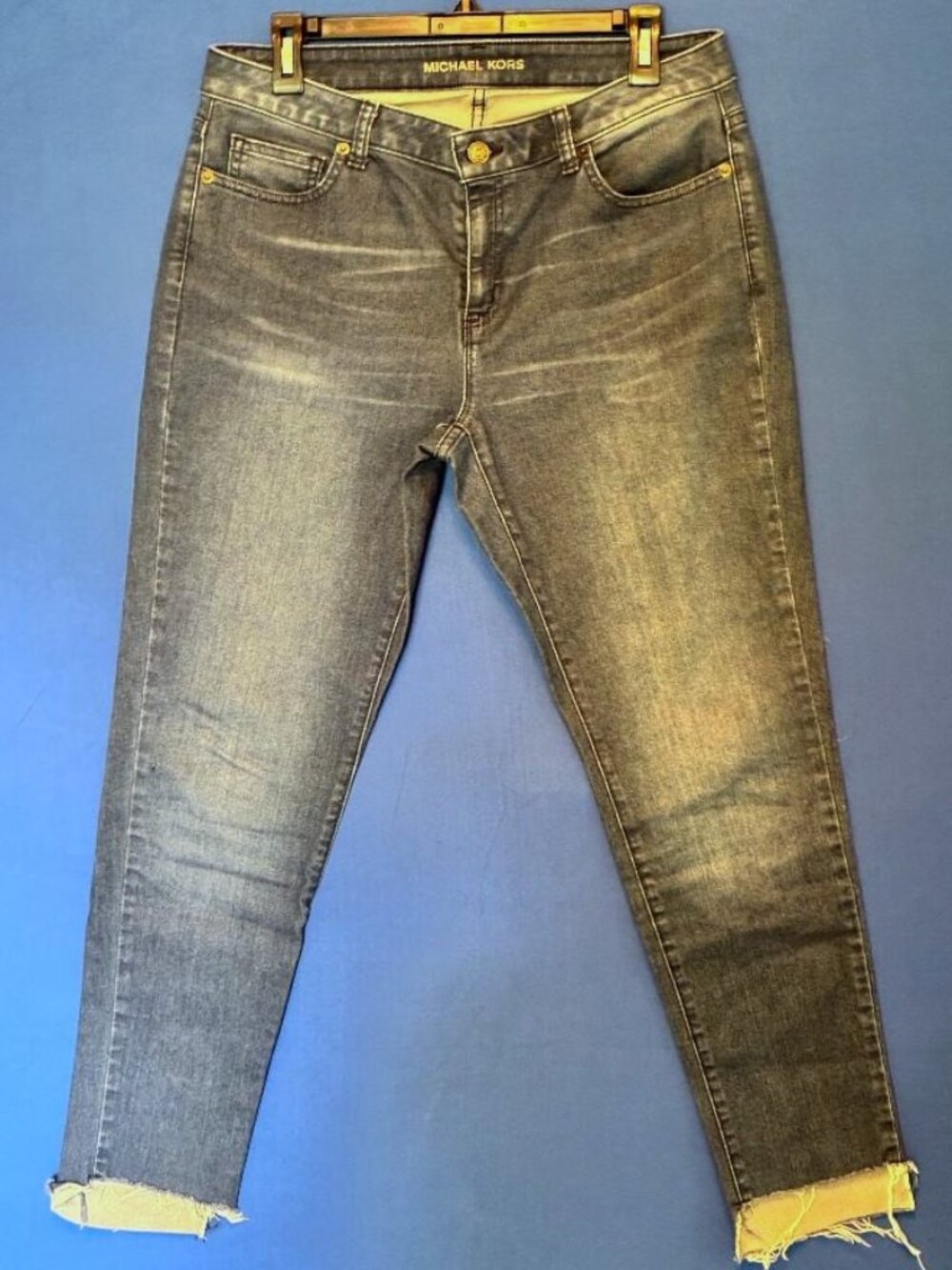 Share Michael Kors Izzy Skinny Jeans Medium Wash Crop Raw High/Low Hem Size 8